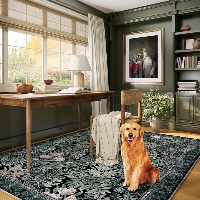 Washable Area Rugs 5x7 Black Green Vintage Floral Botanical Pattern,Perfect for Living Room, Bedroom, Kids Room, Nursery - Stain & Water Resistant Non-Slip, Pet & Child Friendly/Bedroom Decor