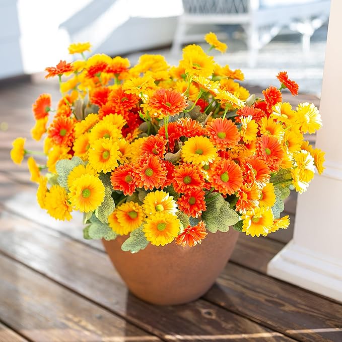 HyeFlora Dahlia Artificial Flowers for Outdoors Fake Plants Spring Decoration, 6 Bundles Realistic Silk Daisy UV Resistant Faux Flowers for Outdoor Planters Patio Porch Yard Garden Home, Orange Yellow