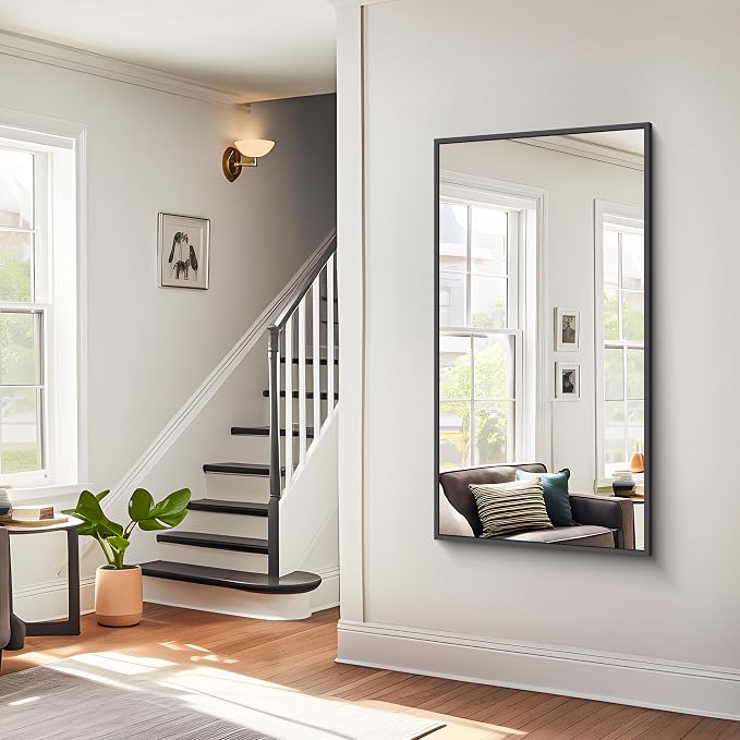 BONEWEI Bathroom Mirror,24x48 inch Wall Mirror for Bathroom Wall Mounted Black Rectangle Square Corner Mirrors, Black Bathroom Mirror for Living Room, Farmhouse, Bedroom Entryway, Horizontal/Vertical
