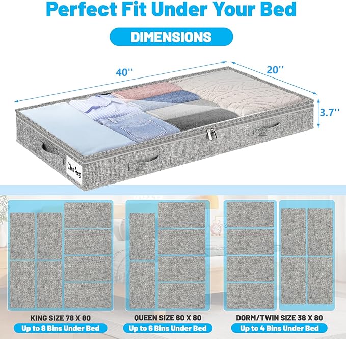 4 Inch Low Profile Under Bed Storage Drawer 4 Pack, Lightweight Underbed Clothes Storage Container Bins with NO STURCTURE, Shallow Storage Bag for Dorm & Home, With Clear Lids & Water-Resistant Fabric