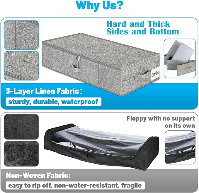 Under Bed Storage Container Bins 2 Pack, 4 Inch Thin Low Profile Underbed Clothes Storage Organizer for Dorm & Home, Use for Blanket and Toy Storage Box W/ Sturdy Bottom/Sides, Foldable Thick Fabric