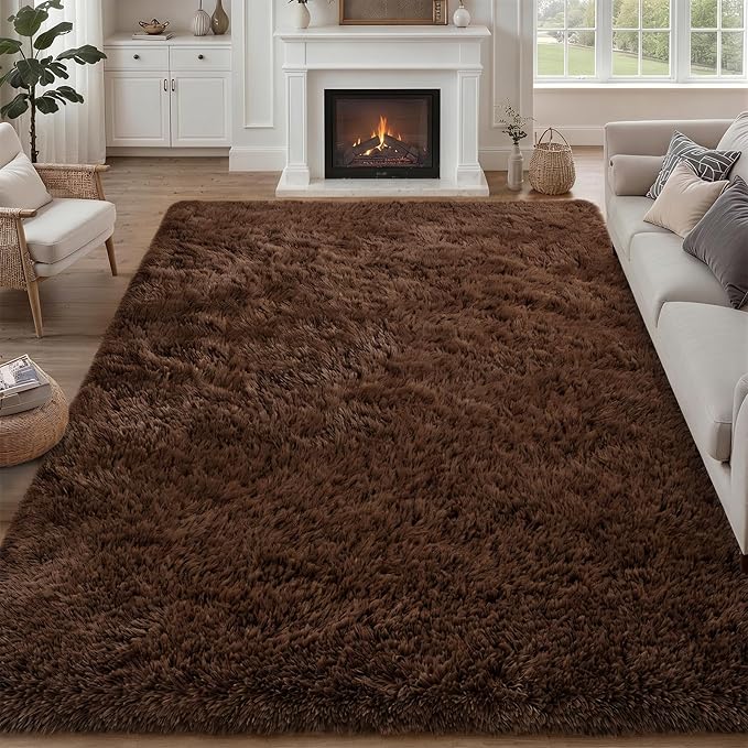 Fluffy Area Rugs 9x12 Living Room Bedroom: Ultra Soft Shag Rug Upgrade Non-Slip Non-Shedding Large Fuzzy Plush Carpet Indoor Floor Carpets for Kids Room Playroom Nursery Dorms Home Decor Brown