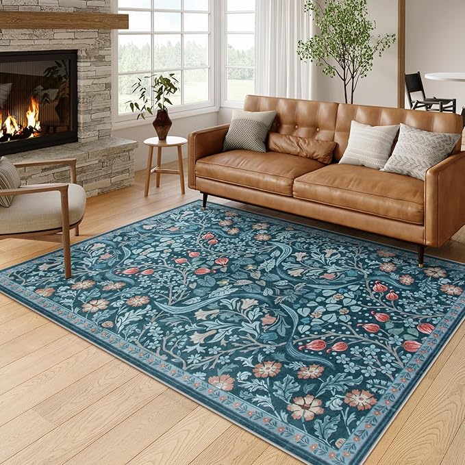 Moynesa Floral Washable Rug, Boho 5x7 Area Rugs for Living Room, Non Slip Large Dining Room Rug Under Table, Botanical Ultra Thin Floor Carpet for Bedroom Home Office, Teal