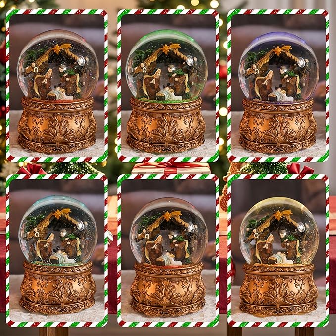 Christmas Snow Globe Musical - Nativity Snowglobe Vintage Water Snow Globes LED Light Change Music Box Home Christmas Decor for Kids Gold