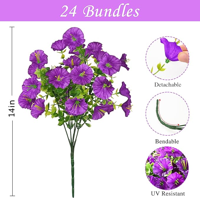 Waipfaru Artificial Flowers for Outdoors, 24 Bundles Faux Plants Outdoor, UV Resistant Artificial Plants Outdoor, Silk Petunias Fake Flowers for Outside Home Decor Planter Porch Decoration, Purple