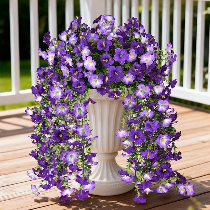 Artificial Hanging Flowers Plants for Outdoor Spring Summer Decoration, 2PCS Faux Silk Morning glory UV Resistant Look Real for Outside Home Indoor Planter Porch Garden Yard Decor(Dark Orchid)