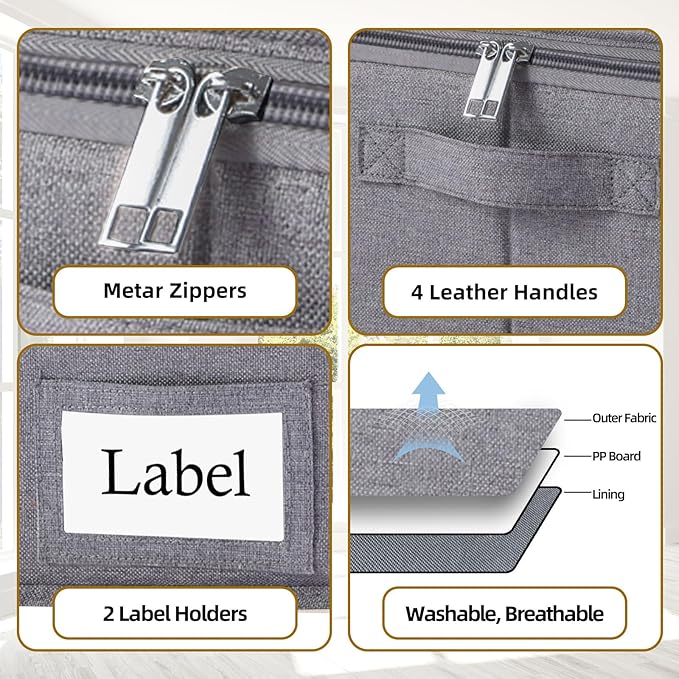 Yawinhe Foldable Underbed Storage Bags, Containers Bin with Lids, Large Under Bed Organizer Box, with Sturdy Zipper und Label Holders, for Clothing, 31.5''Lx15.7''Wx6''H, 2 Pack, Grey