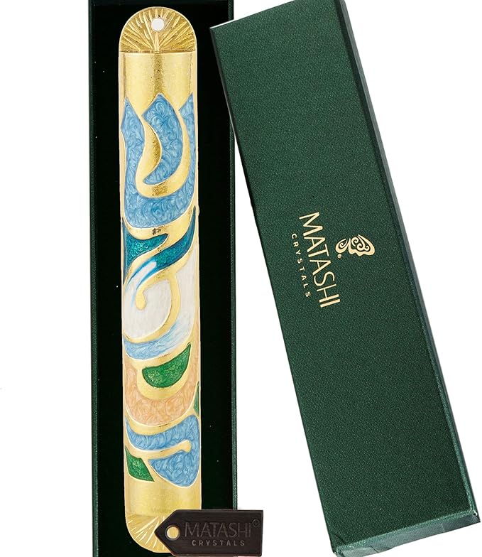 Matashi Gold Hand Painted Enamel 6 inch Mezuzah Embellished with Hebrew Shin Home Door Wall Decor Home Décor Jewish Holiday Housewarming Present House Blessing Gift for Holiday Festival