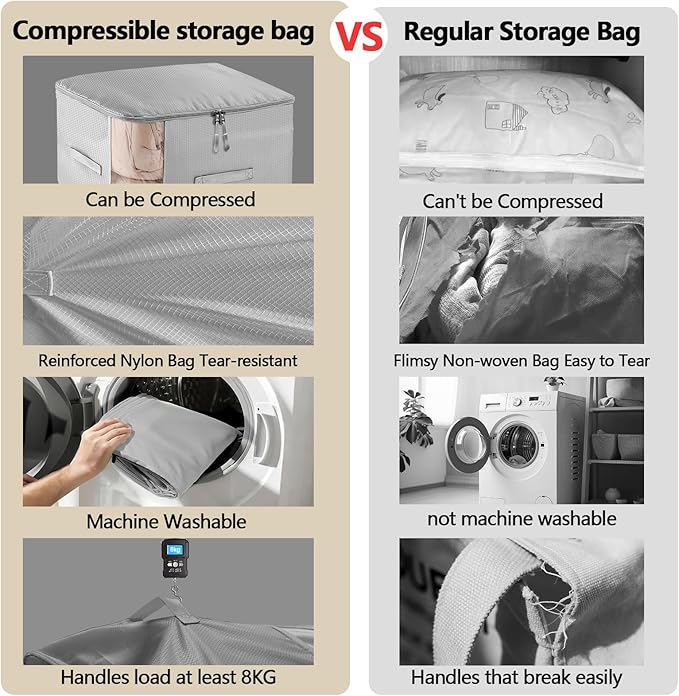 2 Pack Space Saving Comforter Storage Bag with Handle, 3-Layer Compression Blanket Storage Bags Adjustable In 3 Sizes (142L, 107L, 71L), Washable Bedding Organizer For Pillow Duvet Clothing Plush Toy