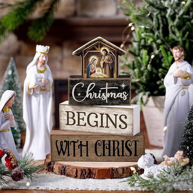 Moucuny 4 Pcs Christmas Table Decoration Christian Wooden Stacked Block Decor, Christmas Begins with Christ Signs with Nativity Scene Topper, Rustic Religious Xmas Tiered Tray Decor for Home Church