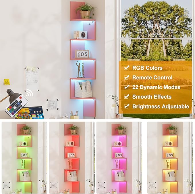 Qupui 5-Tier Corner Shelf with LED Lights, 49 Inch Floating Wall Mounted Corner Shelf for Bedroom Living Room Bathroom, Pink Corner Bookshelf Display Stand with RGB Lighting