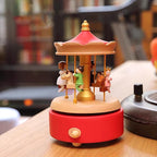 Natural Solid Wood Handcrafted Beech Wooden, Musical FigureTotoro/Carousel/Fairy/Ballerina Figurine,Rotating Hand Crank Mechanism Music Box,Musical Decorations (Red Merry-Go-Round)