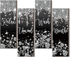 Huwena 4 Pcs Black and Silver Bathroom Wall Decor Glitter Diamond Wooden Living Room Decor Relax Wish Unwind Breathe Sign Black Silver Shiny Drips Hanging Bathroom Sign for Toilet Home Spa