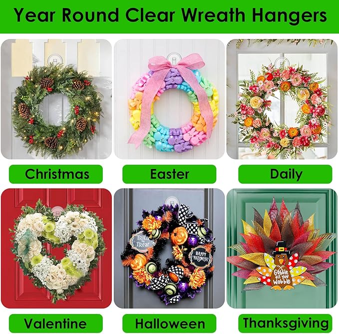 Clear Wreath-Hanger, 22 LB Strong Suction-Cup-Wreath-Hooks, 2 Pack Wreath-Door-Hanger Easter Halloween Christmas Decorations, Welcome Sign for Front Door Indoor Outdoor, Removable Holder Window Glass