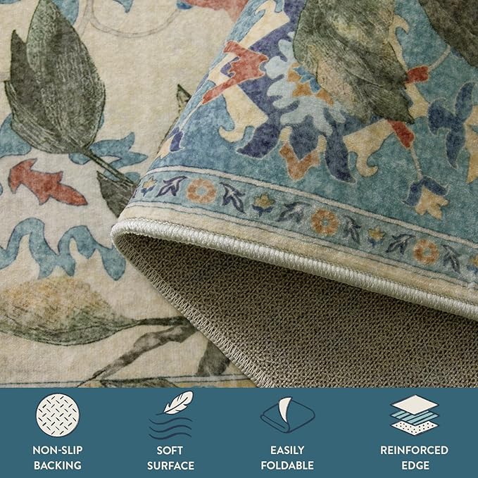 Lahome Botanical Birds 5x7 Washable Blue Living Room Rugs, Soft Non Slip Dining Room Rugs for Under Table, Boho Vintage Indoor Floor Carpet for Bedroom Home Office (5x7ft,Blue)