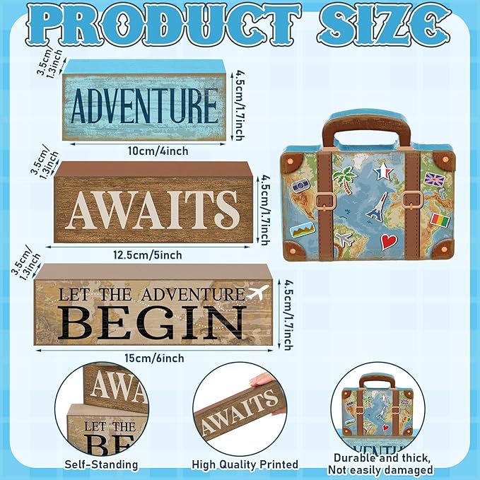 Lineshading 4 Pcs Travel Themed Party Decorations Travel Table Decor Vintage Suitcase Wooden Stacked Sign Bon Voyage Party Decor Adventure Awaits Table Centerpieces for Baby Shower Retirement Birthday