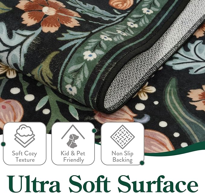 Moynesa Floral 2x3 Entryway Rug, Washable Kitchen Rugs Non Slip Front Door Mat for Indoor Entrance, Boho Ultra Thin Small Rug Soft Botanical Throw Carpet for Bathroom Bedroom, Black