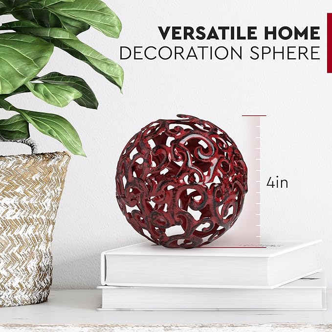 Metal Decorative Sphere for Home Decor - Decorative Balls for Shelves, Centerpiece Bowls, Bookshelf - Decoration Orbs Accents for Living Room, Bedroom - Fancy Red Shelf Spheres