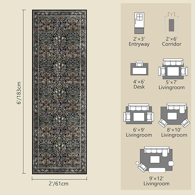 Vintage Floral Area Rug Runner 2x6 Washable Ultra-Thin Boho Carpet for Hallway, Kitchen, Bedroom, Bathroom, Laundry Room