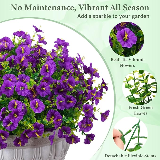MARTINE MALL 24 Bundles Look Real Artificial Flowers for Outdoors, Realistic Fake Outdoor Flowers, UV Resistant Silk Petunia Flowers for Outside Faux Flowers Plants for Outdoor Porch, Purple