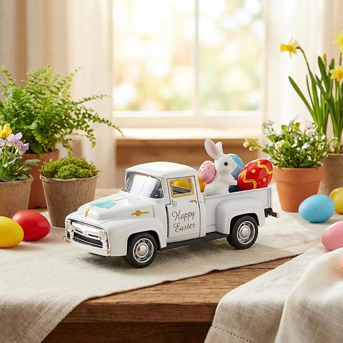 Easter Decorations - Mini Farmhouse Vintage Metal Truck with Easter Eggs & Bunny, White Spring Farm-Style Pickup Decor for Table Tiered Tray Home Kitchen Office Keepsake Gifts
