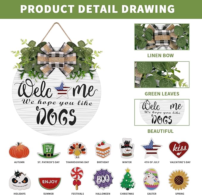 Interchangeable Wooden Seasonal Welcome Wreath, Rustic Round Dogs Front Door Wreaths for Home/Wall/Porch/Farmhouse Decor, for Easter Spring Summer Fall Halloween Christmas All Season Decorations