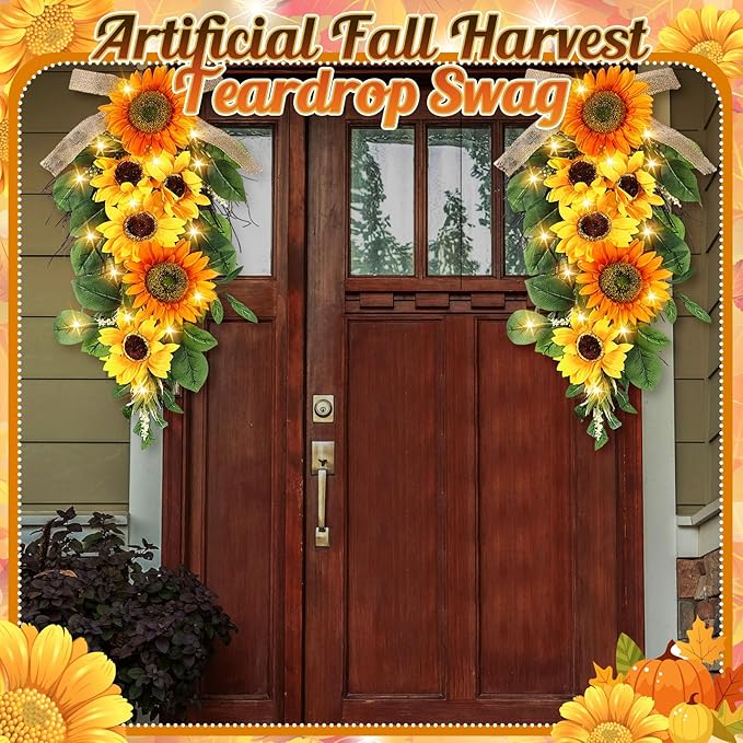 Lyrow 4 Pcs Cordless Prelit Christmas Sunflower Artificial Swags 24" Stairway Teardrop Trim Swag with Timer Christmas Staircase Decoration Battery Operated Garland for Indoor Outdoor Railing Decor