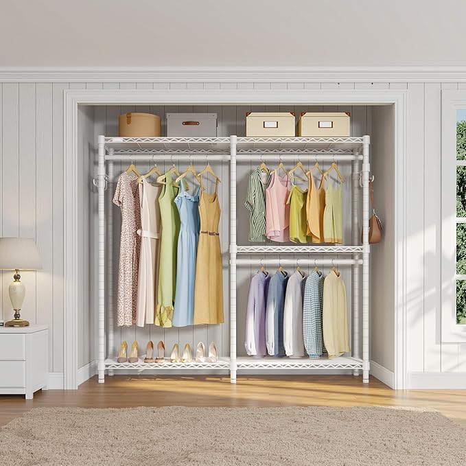 VIPEK V4C Heavy Duty Adjustable Clothing Rack, White Metal Closet Rack with Grey Cover, 57.9" L x 17.3" W x 76.4" H, 3 Hanging Rods & Side Hooks, Portable Closet