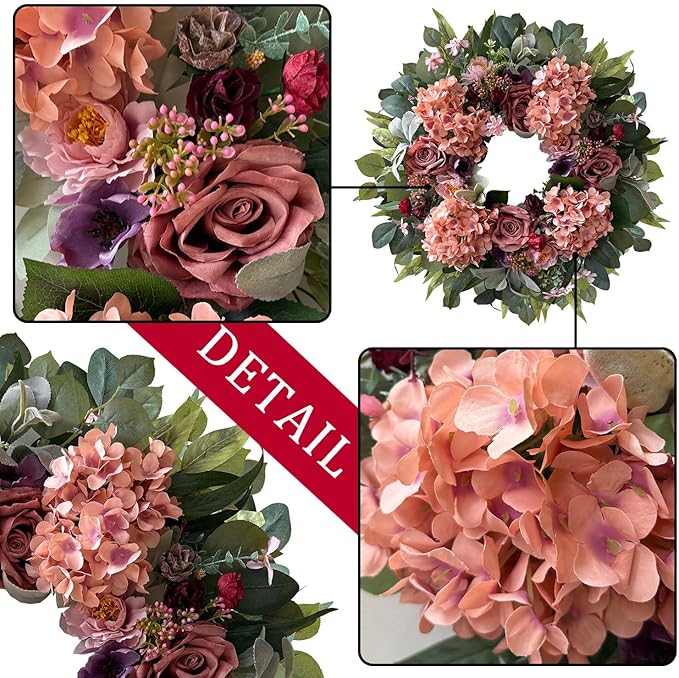 WANNA-CUL 24 Inch Spring Hydrangea Wreaths for Front Door,Pink Rose Peony Floral Door Wreath for Mother’s Day Valentine Wedding Year Round Indoor Outdoor Wall Decor