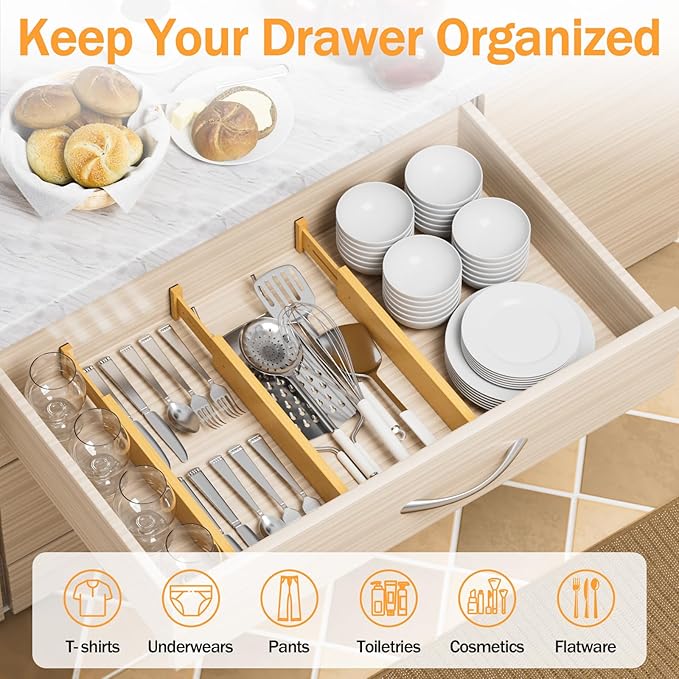 Bamboo Drawer Dividers, Adjustable Kitchen Drawer Organizer for Clothes,17-22" Expandable Drawer Organization Separators for Bedroom,Bathroom,Dresser and Office,4-Pack