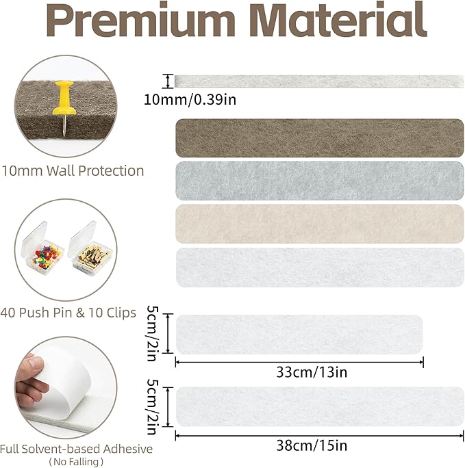 Cork Board for Walls - 8 Pack Felt Pin Board Bar Strips - Self-Adhesive Lightweight Bulletin Board - Cork Board for Office with 40 Push Pins No Damage for Wall