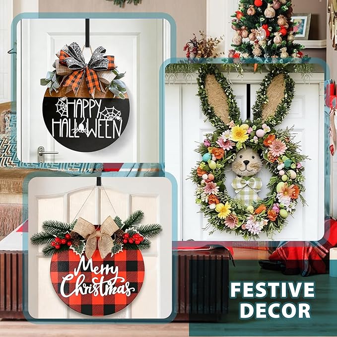 Booda Brand Over The Door Hooks 14”, 4 Pack Upgraded Widen Hanger Hook Fits 1-3/4” & 1-3/8”Door Widths, Z-Shaped Wreath Sturdy for Hanging Wreaths, Hats, and Clothes (Black)
