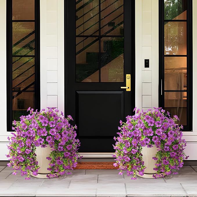 Homsunny Artificial Fake Hanging Plants Flowers Baskets for Outdoor Outside Spring Decor,Faux Silk Daisy UV Resistant Look Real Summer Decorations for Home Porch Patio Yard Garden(Purple