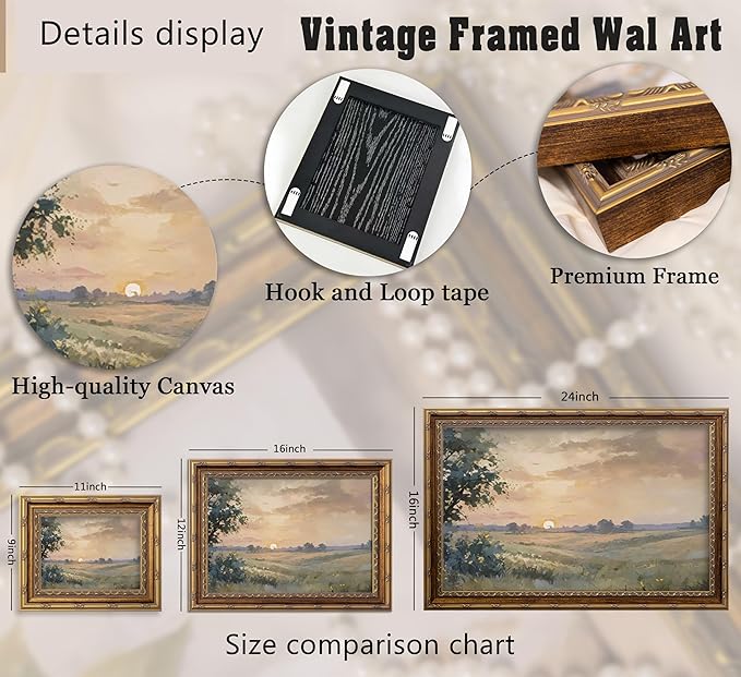 Vintage Gold Framed Wall Art Retro Fall Sunset Country Oil Painting Canvas Prints Watercolor Autumn Landscape Picture Rustic Farmhouse Soft Nature Poster Artwork for Living Room Bedroom, 16x24in