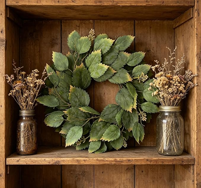 2 Pcs 16" Green Hibiscus Leaf and Eucalyptus Leaf Wreath - Artificial Greenery Candle Ring Wreath for Table, Front Door, Porch, Window & Home Holiday Decor - All Season Hanging Wreath