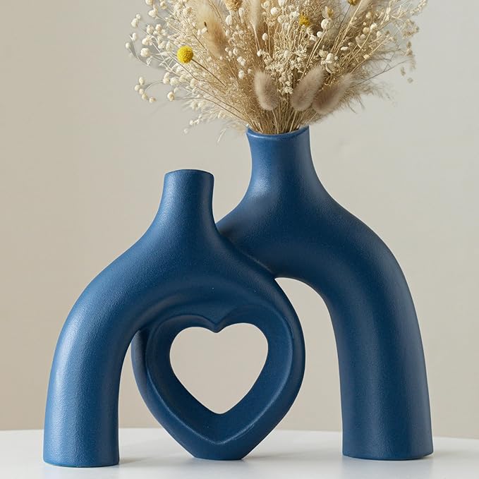 Snuggle Hollow Ceramic Decorative Vase, Modern Minimalist Nordic Boho Ins Style Vases for Home Decor Living Room Shelf Entryway Coffee Table or Console Décor (Matte Navy Blue)