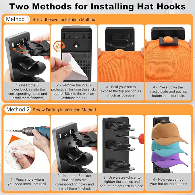 2 Pack Hat Organizer for Baseball Caps, Hat Rack for Wall, Strong Adhesive & Screw-in Cap Holder Hats Hangers for Closet Door & Bedroom