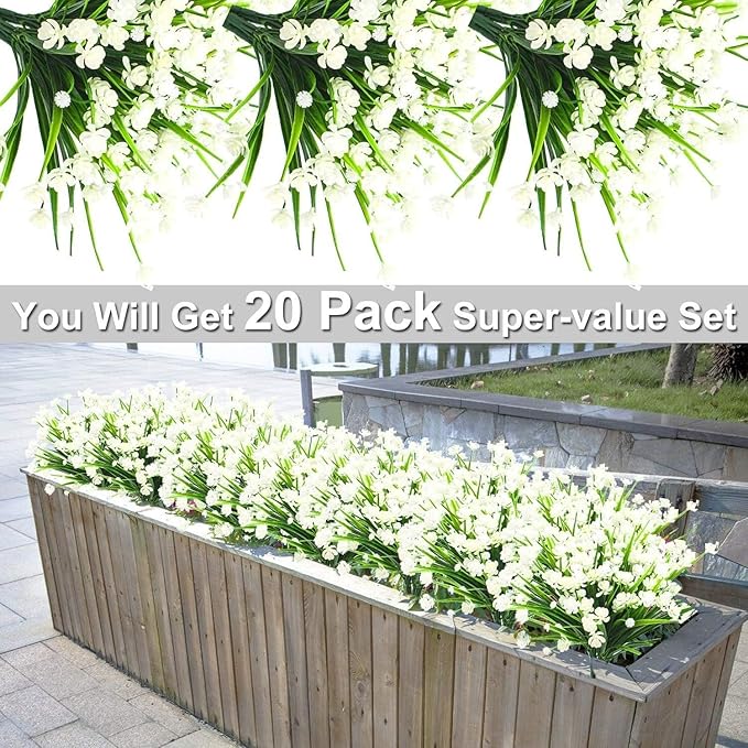 TURNMEON 20 Bundles Artificial Flowers for Outdoors Fake Plants Spring Decor, UV Resistant Artificial Plants Cemetery Flowers Faux Plastic Greenery Shrub for Home Porch Summer Decor 500 Heads(White)