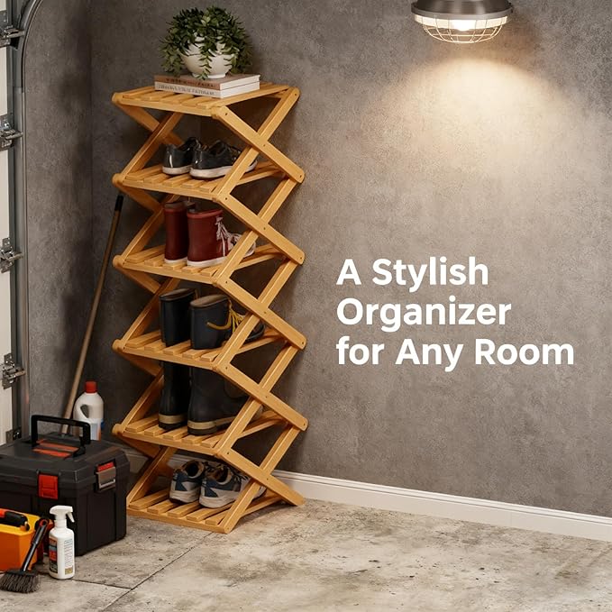 The 9-Tier No-Assembly Bamboo Rack, 2026 Upgraded Foldable Bamboo Shoe Rack, Space-Saving Organizer for Shoes, No Assembly Narrow Shoe Shelf for Entryway Closet Dorm (Nature,7-Tier)
