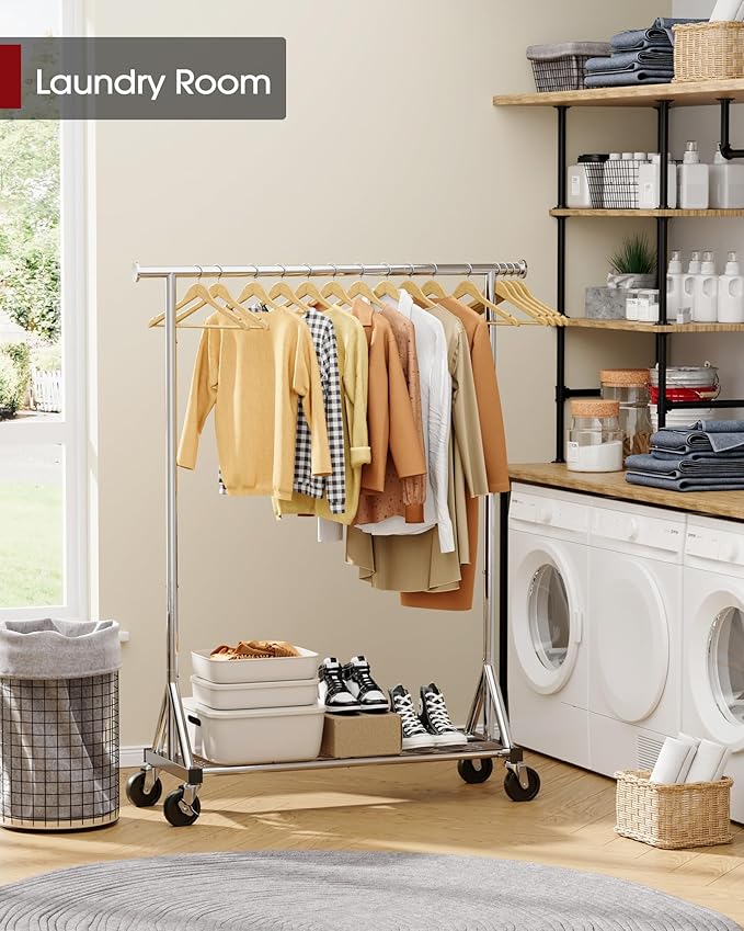Heavy Duty Stainless Steel Rolling Clothes Rack with Mesh Shelf, Lockable Wheels & Anti-Slip Stoppers, Large Capacity Clothing Organizer for Bedroom, Laundry Room, 42.5" x 16.5" x 65.9", Silver