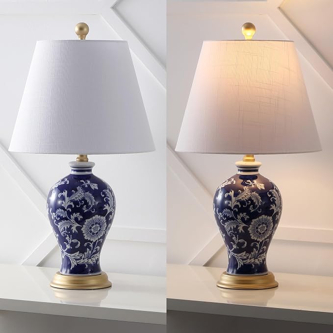 JONATHAN Y 24" Navy/White French Country Ceramic Floral Urn Table Lamp, White Linen Shade, Chinoiserie Ginger Jar Bedside Lamp for Living Room Bedroom, LED Bulb (JYL3009E)