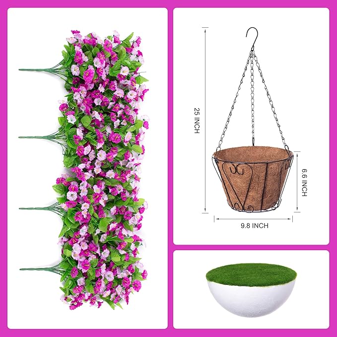 Artificial Flowers with Hanging Basket, Outdoor Faux Plants Silk Morning Glory Vines, Fake Green Arrangement for Garden Patio Spring Summer Decor(Darkorchid)