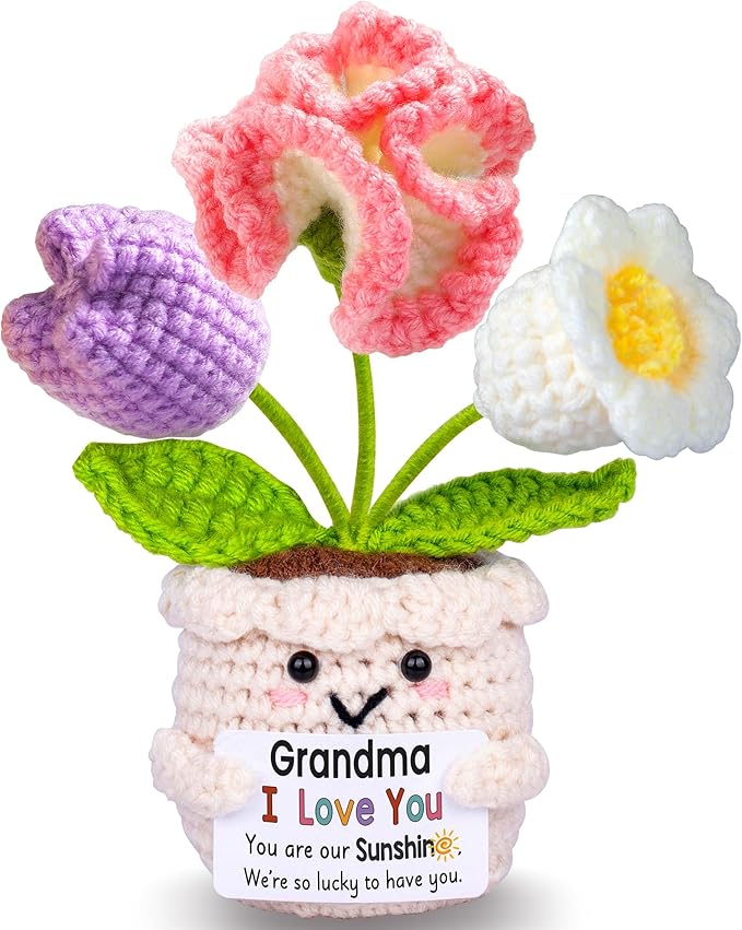 Gifts for Grandma, Grandma Gifts from Grandkids, Birthday Gift for Nana Grandmother GaGa, Mother's Day Birthday I Love You Present for Grandmother, Cute Handmade Crochet Positive Tulip Flowers Doll