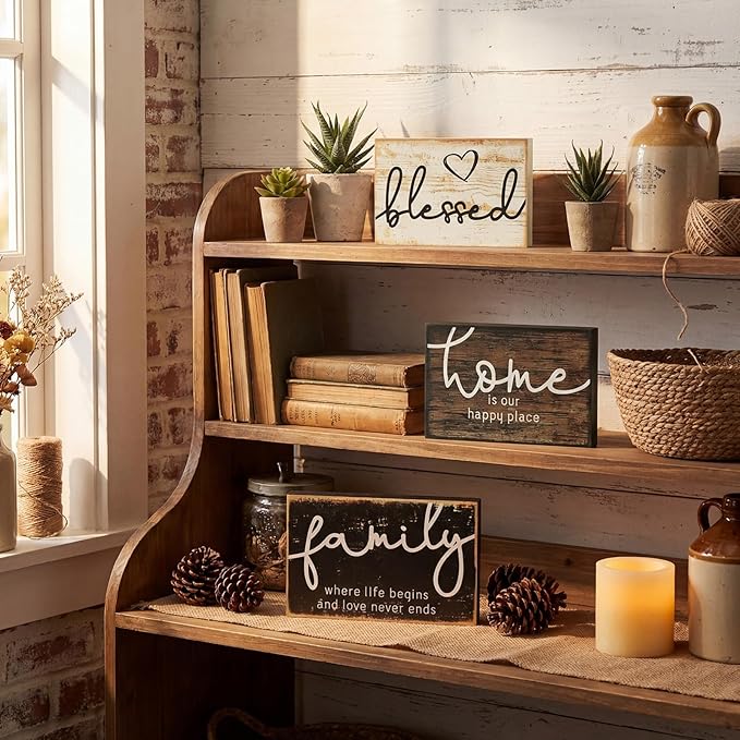 Jetec 3 Pcs Wooden Family Sign Rustic Blessed Home Wall Art Wood Wall Mini Decor Farmhouse Table Shelve Decoration Sign for Bedroom Kitchen Living Room Table Decor (Rustic Color,4.25 x 2.76 x 0.59 in)