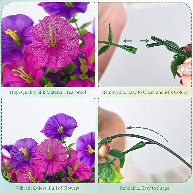 Artificial Hanging Flowers for Outdoors, 6 PCS Silk Morning Glory Artificial Flowers with Eucalyptus Leaves, UV Resistant Fake Flower Realistic Faux Plants for Home Patio Porch Garden, Purple+Fuchsia