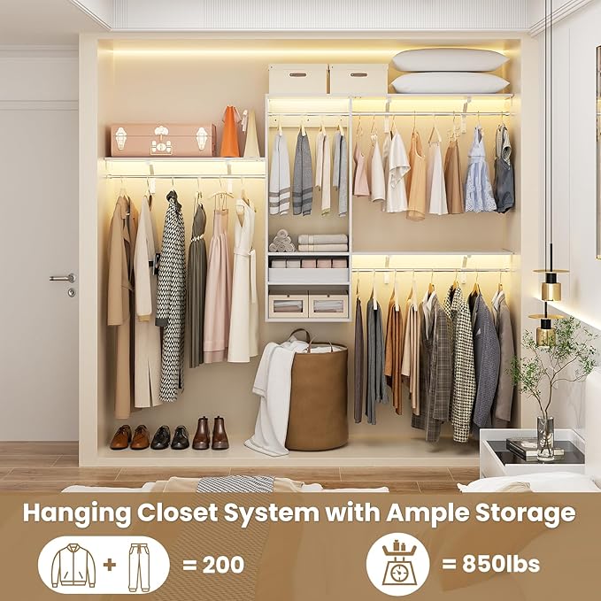 8FT Hanging Closet System, 96 Inch Closet Organizer System with Hanging Rod, Walk In Mounted Closet System, Built-In Clothes Garment Rack with 3 Shelving Towers(Can Be Cut To Fit), White