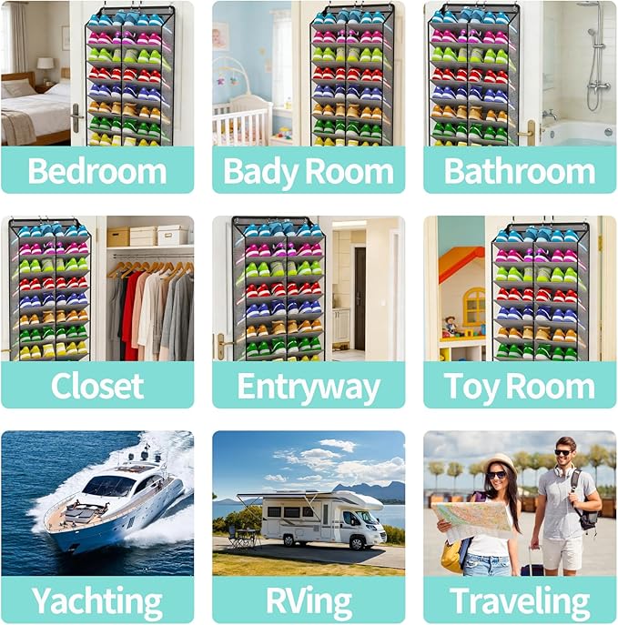 Heavy-Duty, over the door shoe organizer, Extra-Wide Large, shoe organizer, Holds 30 Pairs & Supports 100lbs, shoe rack, with Reinforced Grommets & Bamboo Rods, Fits Men's Size 12 & Boots, Grey