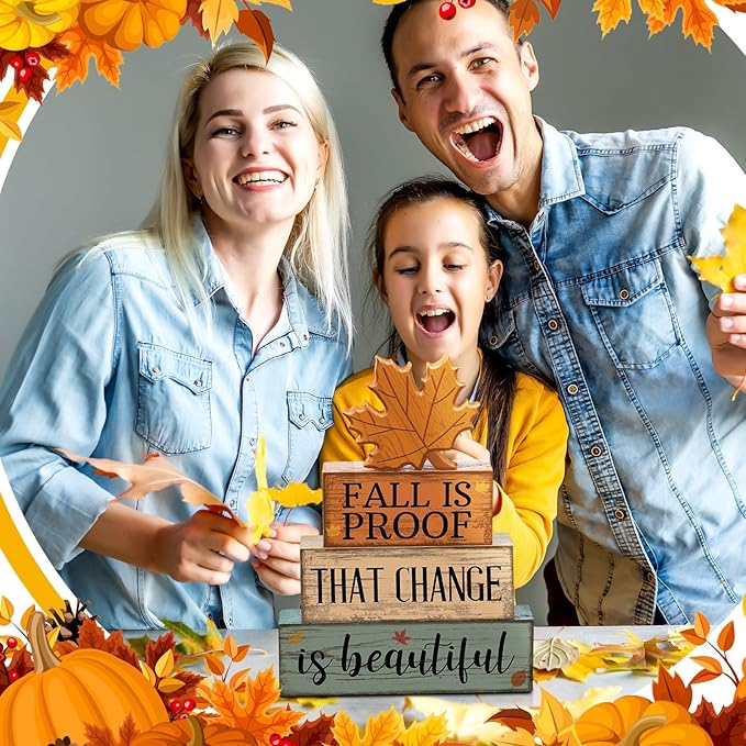 Lineshading 4 Pcs Fall Decoration for Home Wooden Maple Leaf Stacked Decor Thanksgiving Table Centerpiece Fall Tiered Tray Decor Rustic Decorative Maple Leaf Block Signs Autumn Decoration for Kitchen