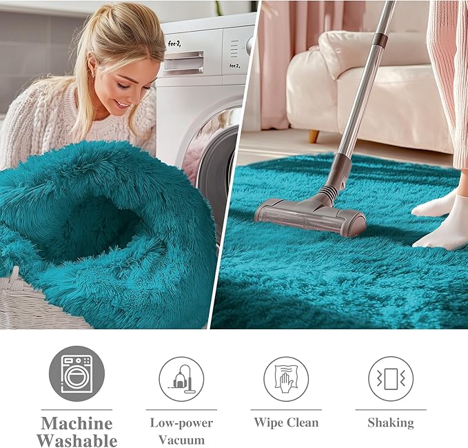 OLANLY Teal Round Rugs for Bedroom - Machine Washable, 9 ft Circle Area Rugs for Living Room, Soft and Fluffy Shaggy Carpet for Teen Girl and Boys, Nursery Rooms, Dorms, Home Decor Aesthetic
