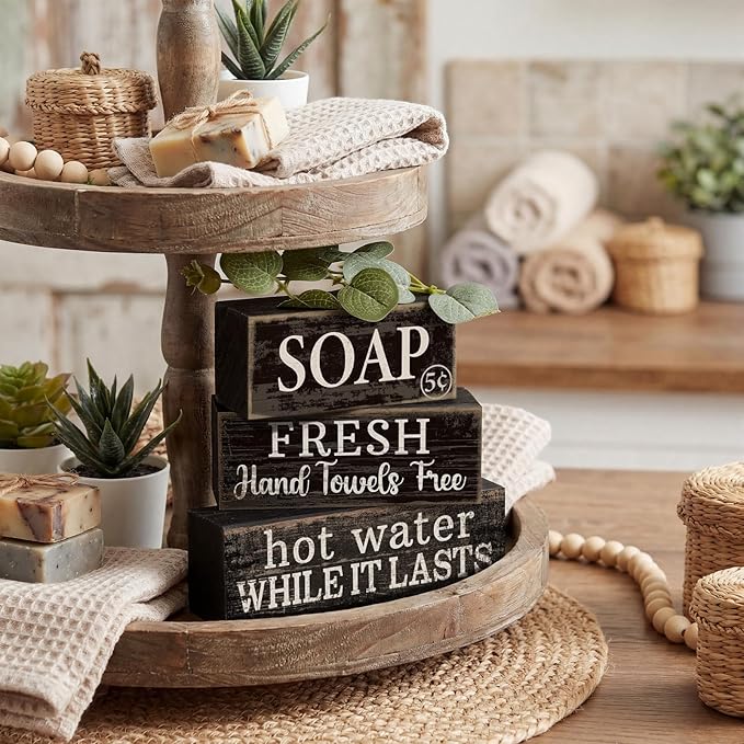 Lineshading 4 Pcs Bathroom Shelf Decor Sign Farmhouse Bathroom Decor and Accessories Rustic Eucalyptus Leaves Block Sign Soap Fresh Hand Towel Free Table Centerpiece for Home Toilet Hotel Campsite